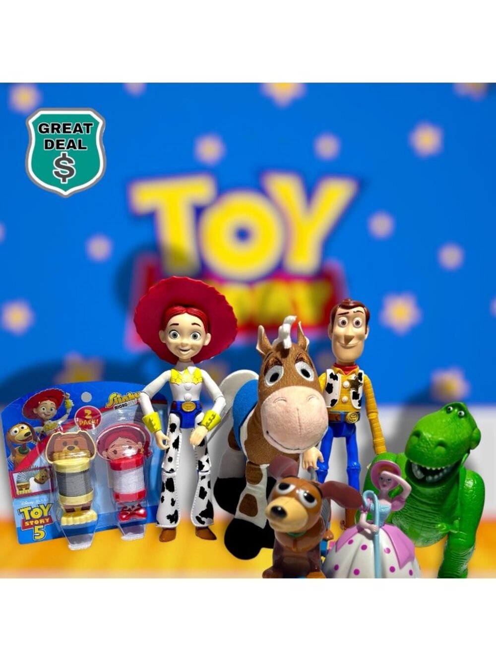 Disney Pixar Toy Story Lot  Woody, Jessie, Bullseye Plush, Micro Slinky, Bo Peep